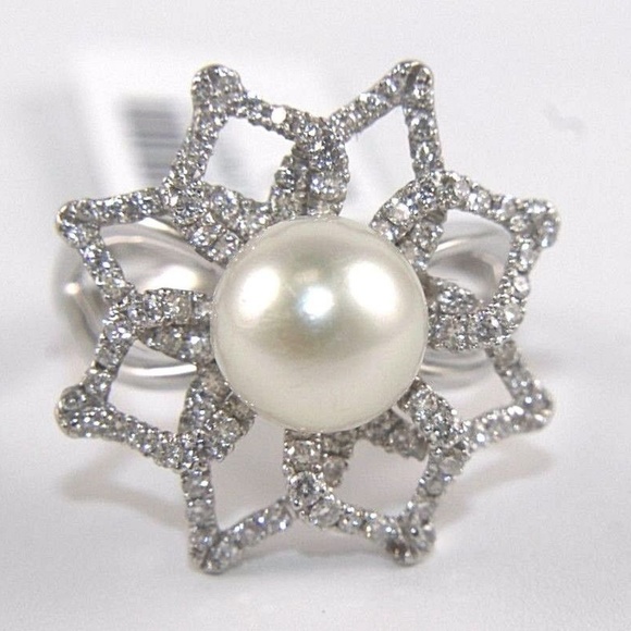 Pearl & Diamond Solitaire Ring 14k WG 1.00Ct 8.5mm